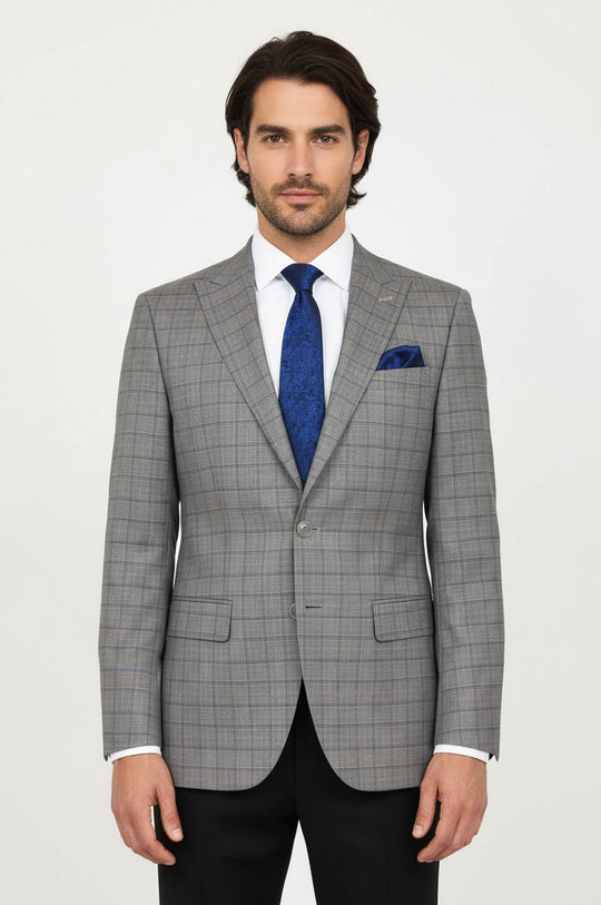 Blazer Hombre Slim Fit Gris Solapa De Pico Cuadros - Wessi