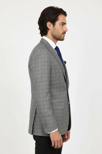 Blazer Hombre Slim Fit Gris Solapa De Pico Cuadros - Wessi