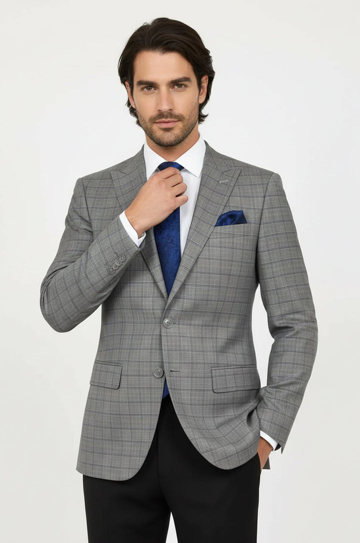Blazer Hombre Slim Fit Gris Solapa De Pico Cuadros - Wessi