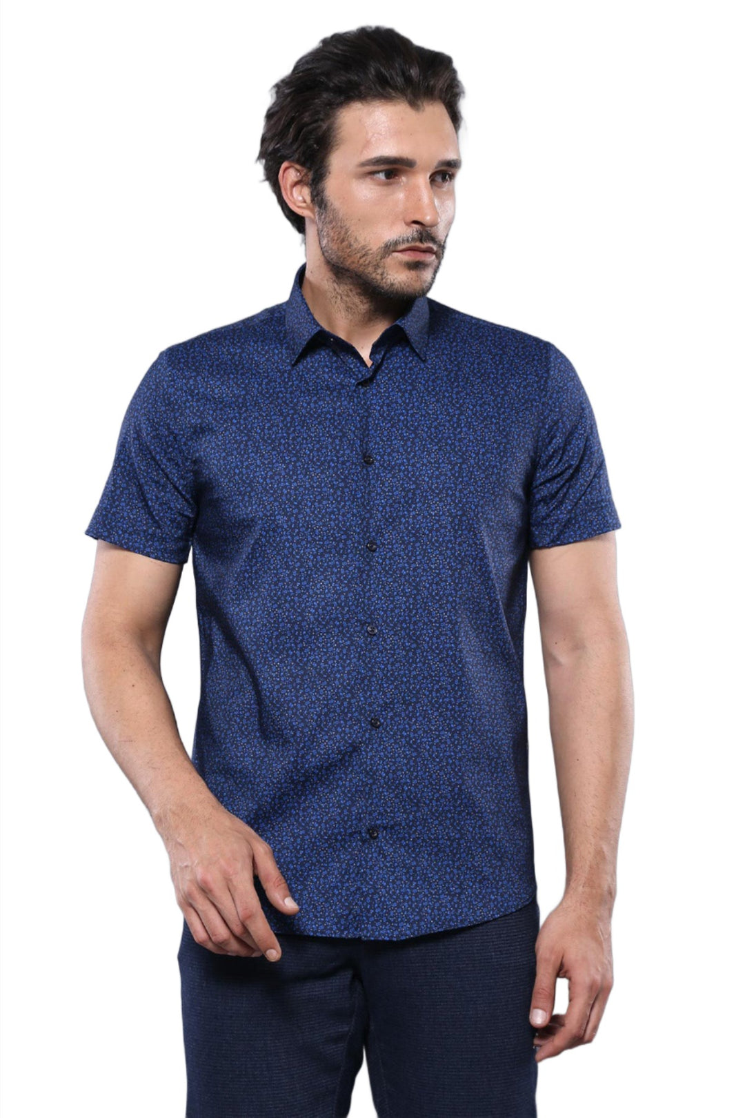 Patterned Short Sleeves Navy Blue Men Shirt - Wessi