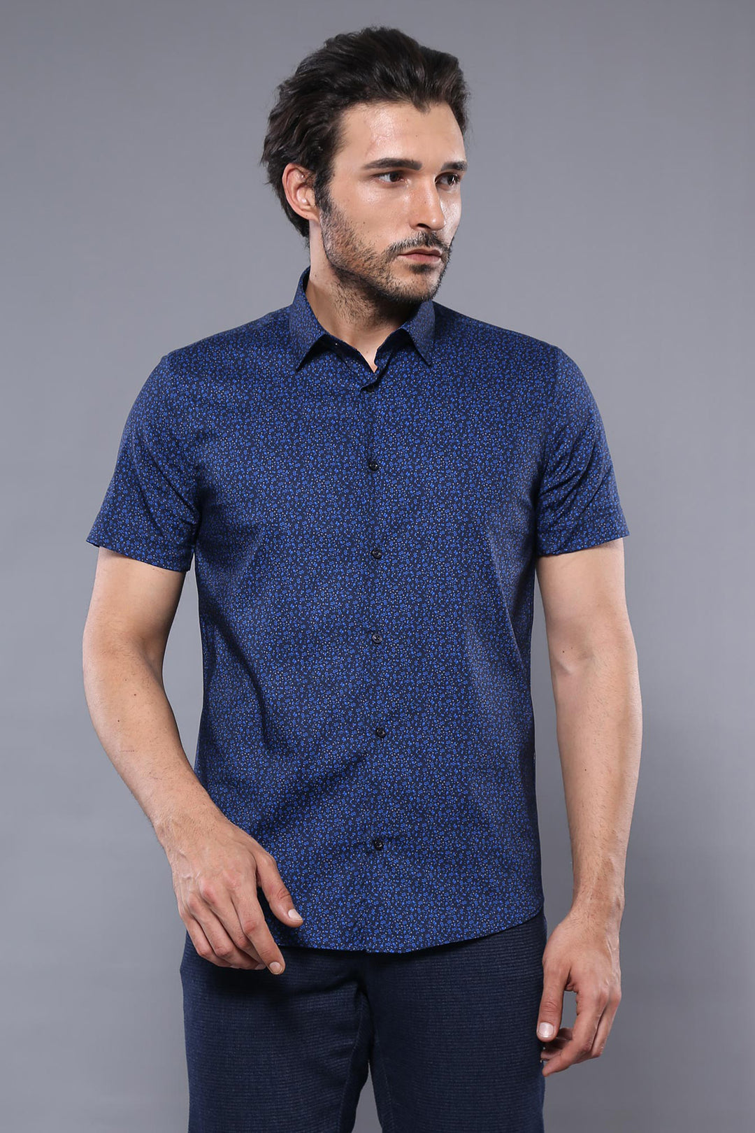 Camisa Hombre Manga Corta Estampada Azul Marino - Wessi
