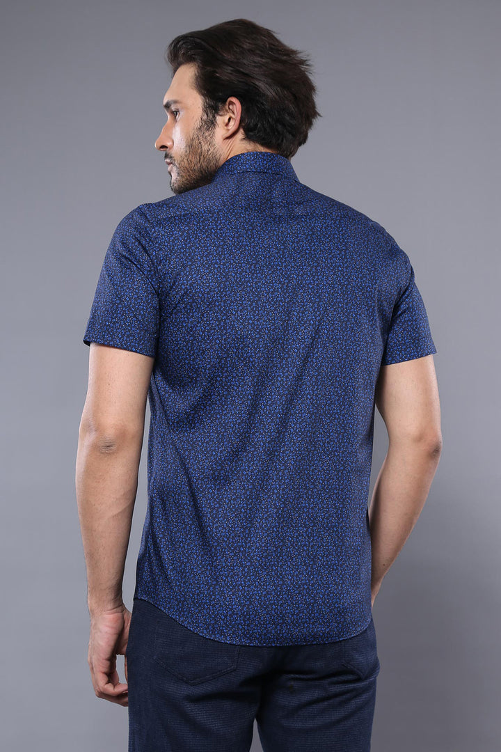 Patterned Short Sleeves Navy Blue Men Shirt - Wessi