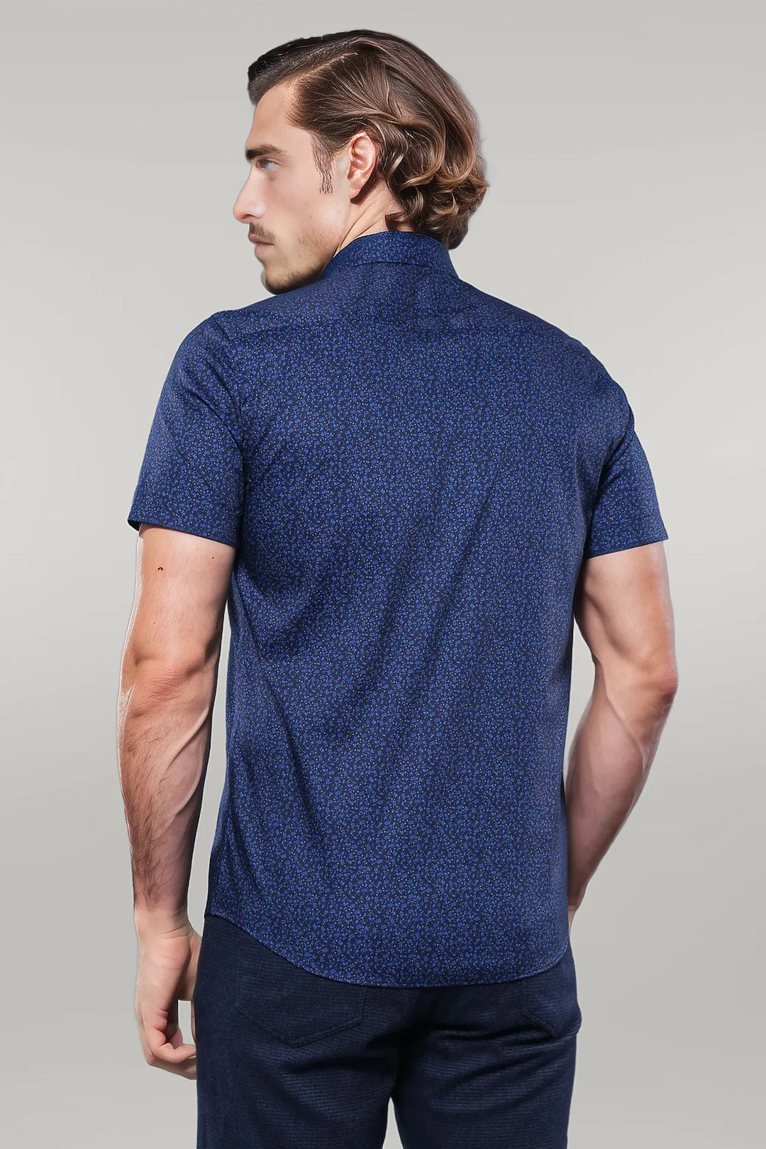 Patterned Short Sleeves Navy Blue Men Shirt - Wessi