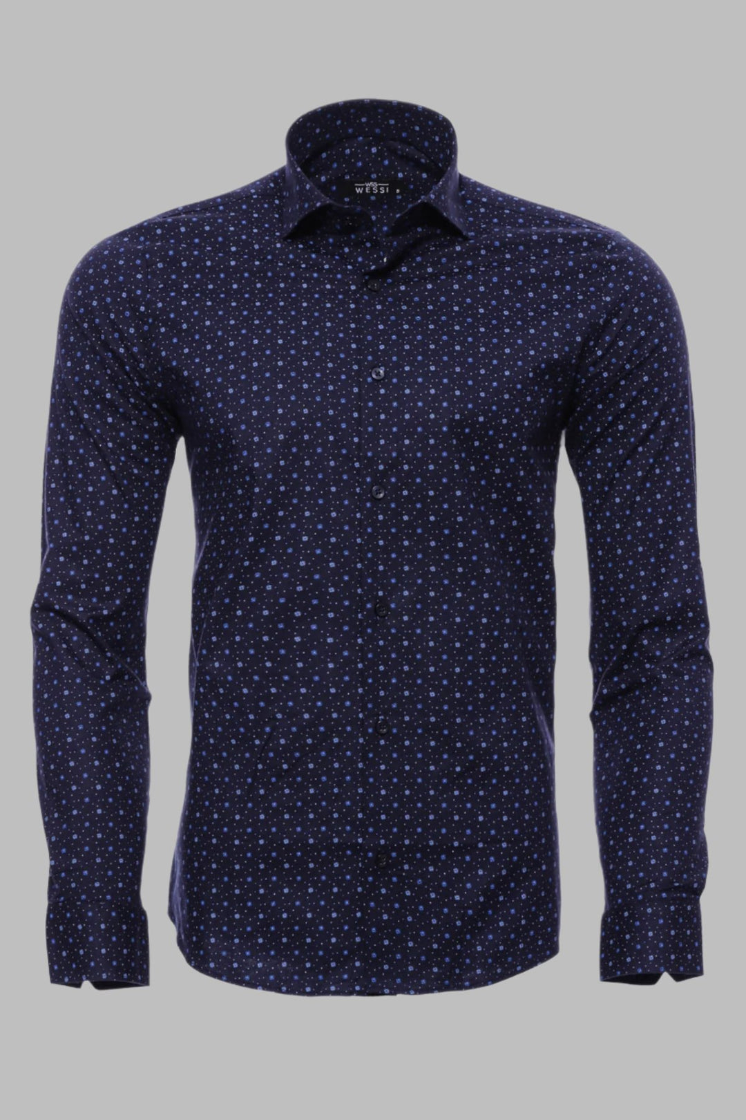 Dot Patterned Long Sleeves Navy Blue Men's Shirt - Wessi