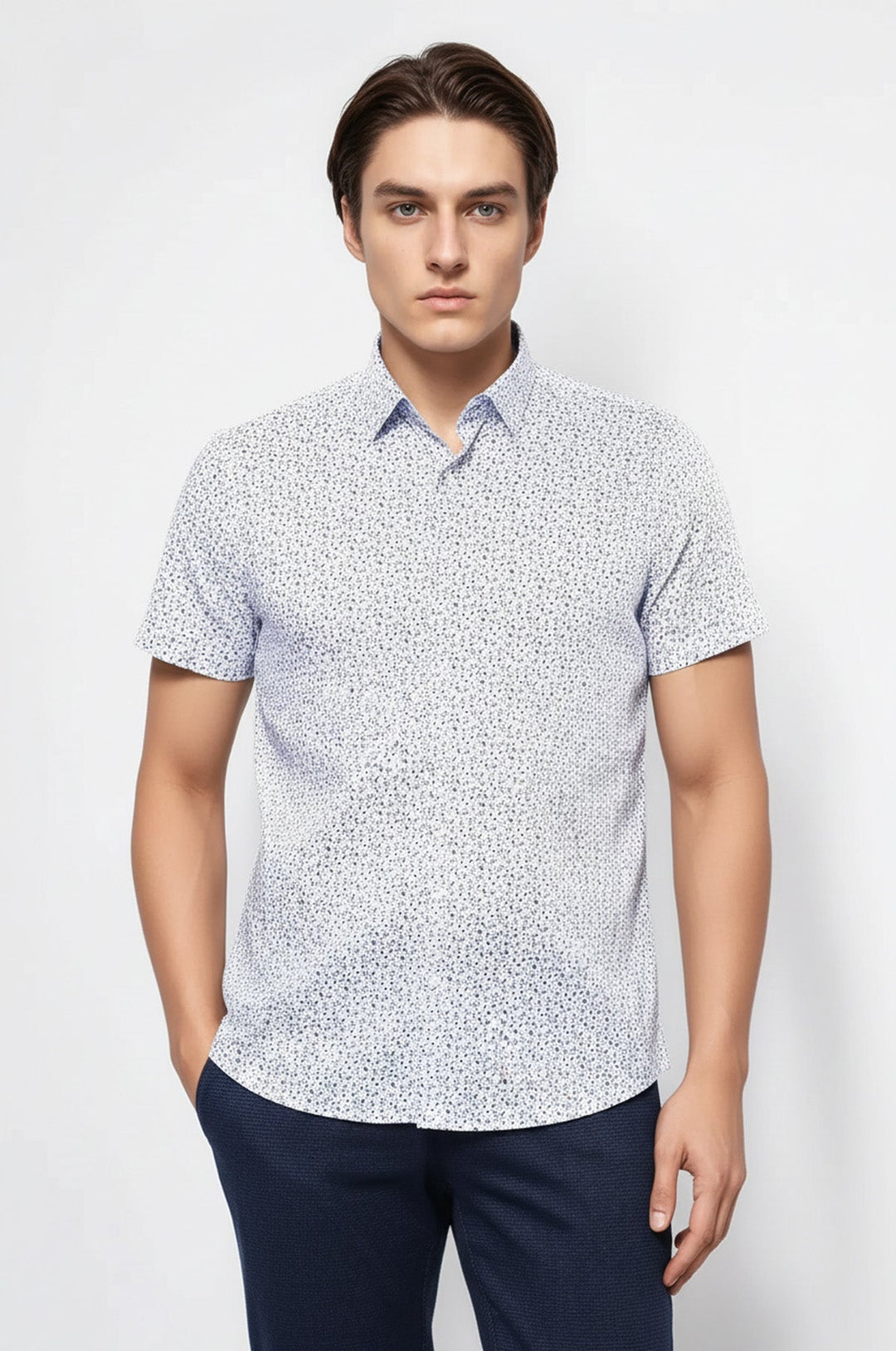 Blue Floral Patterned Short Sleeve White Men Shirt - Wessi