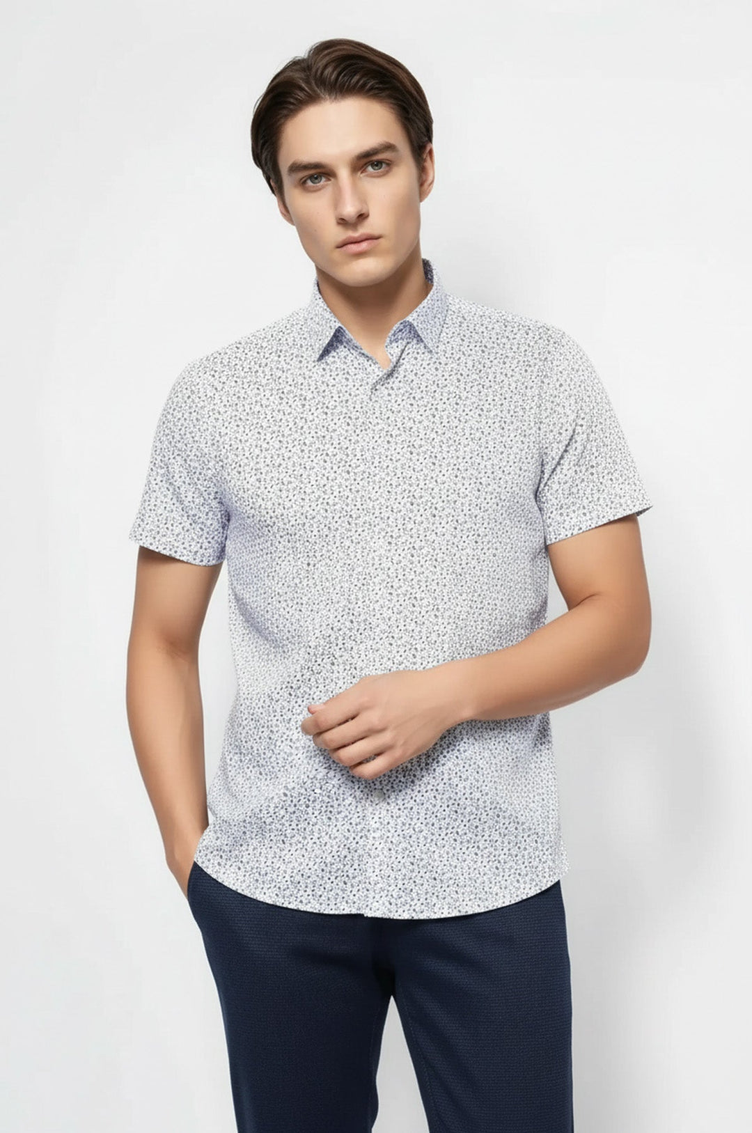 Blue Floral Patterned Short Sleeve White Men Shirt - Wessi