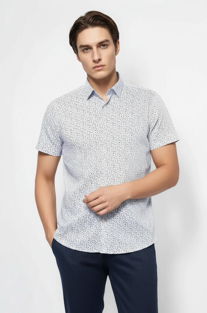 Blue Floral Patterned Short Sleeve White Men Shirt - Wessi