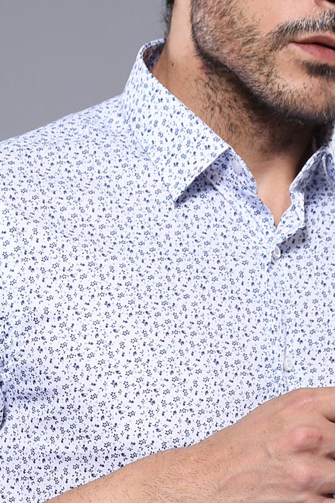 Blue Floral Patterned Short Sleeve White Men Shirt - Wessi