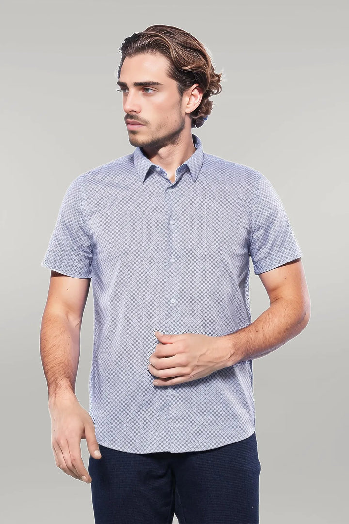 Patterned Short Sleeve Blue Men Shirt - Wessi