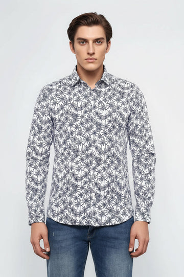Chemise Homme Blanche à Manches Longues à Motif Floral Bleu - Wessi