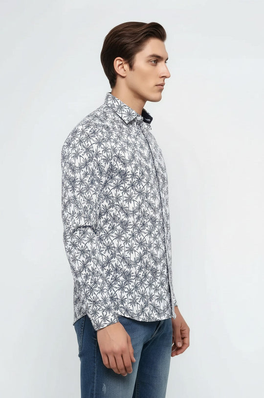 Chemise Homme Blanche à Manches Longues à Motif Floral Bleu - Wessi