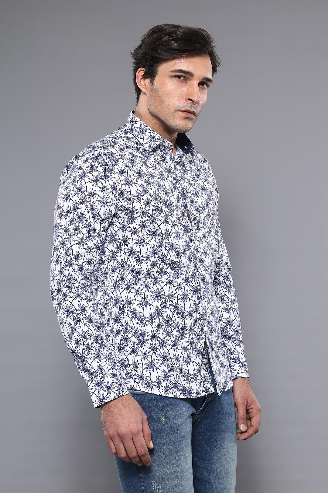 Blue Floral Patterned Long Sleeve White Men Shirt - Wessi