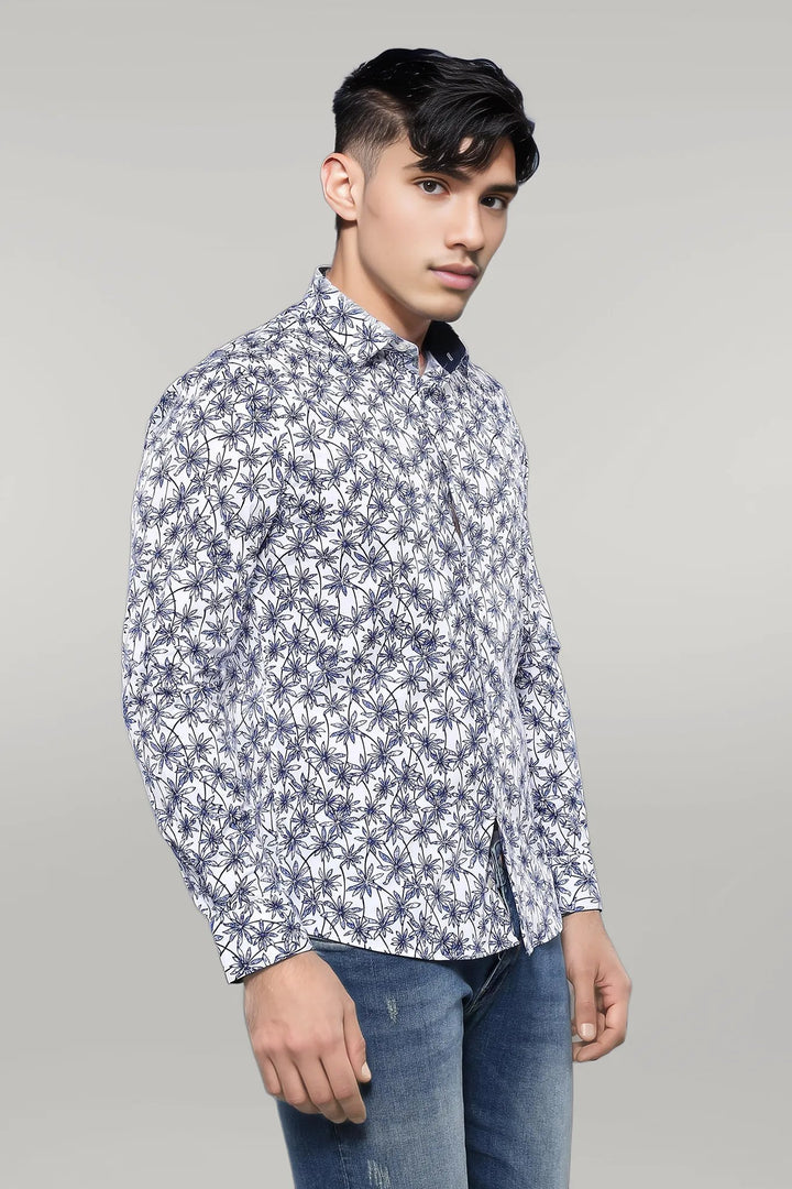 Blue Floral Patterned Long Sleeve White Men Shirt - Wessi