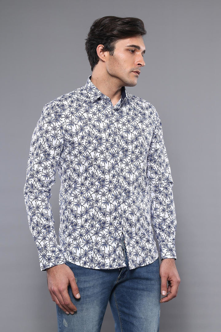 Camisa Hombre Blanca Manga Larga Estampado Floral Azul - Wessi