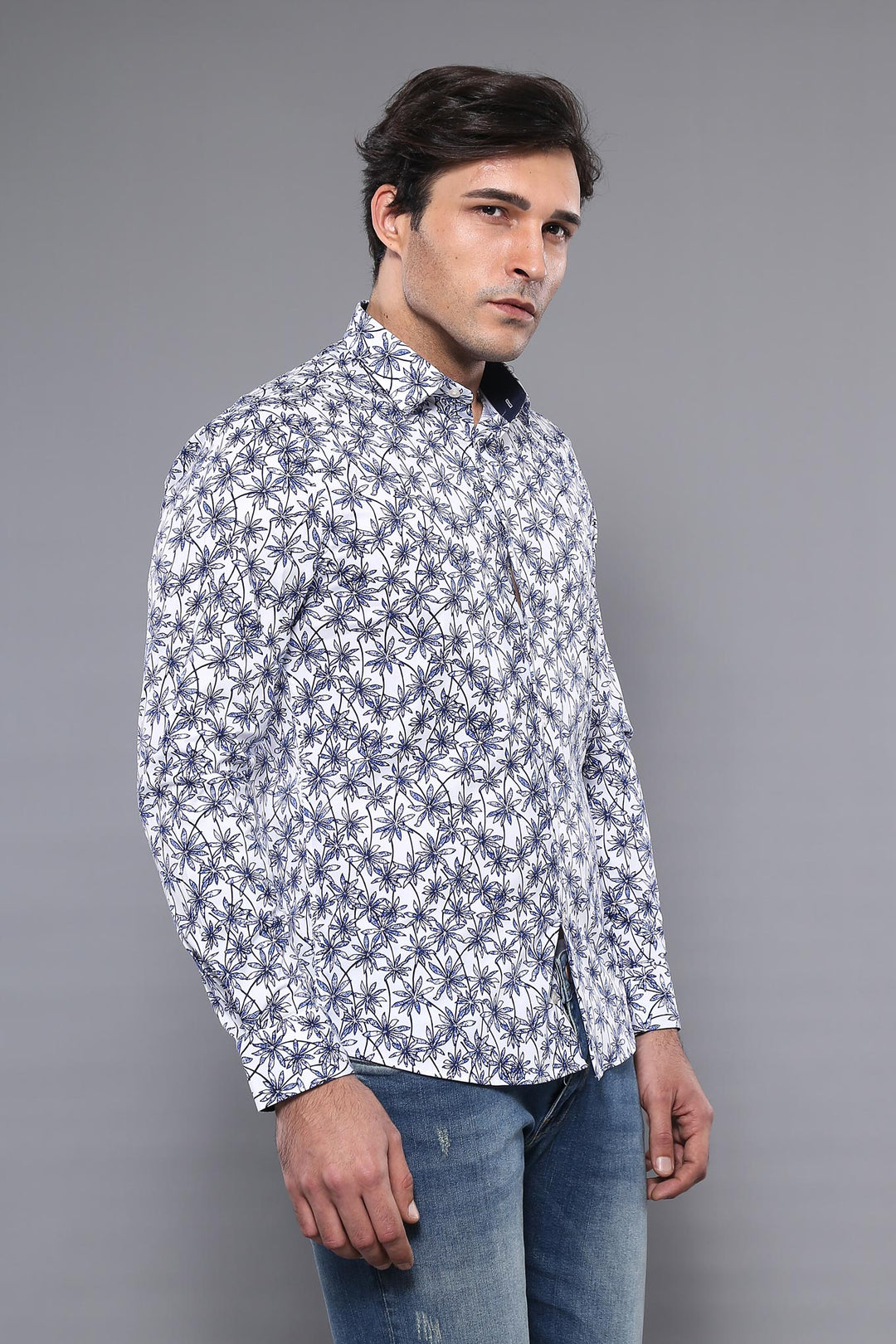 Camisa Hombre Blanca Manga Larga Estampado Floral Azul - Wessi