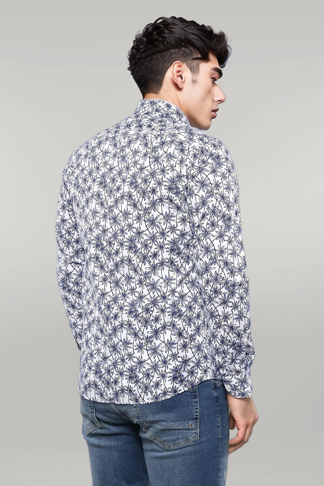 Blue Floral Patterned Long Sleeve White Men Shirt - Wessi