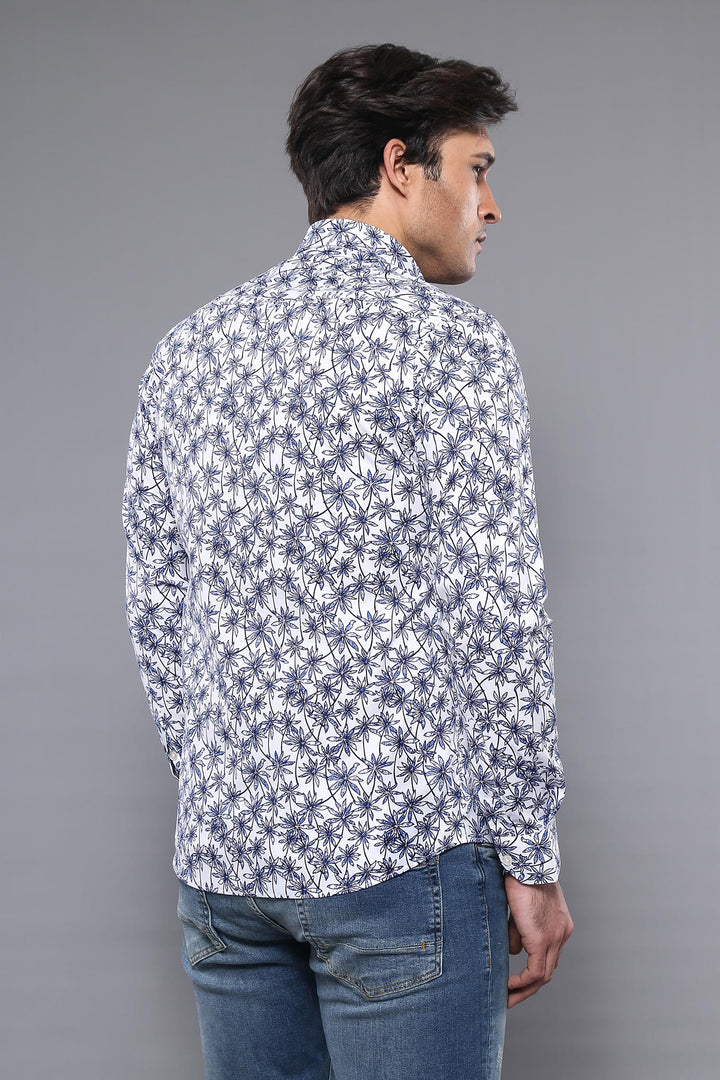 Camisa Hombre Blanca Manga Larga Estampado Floral Azul - Wessi