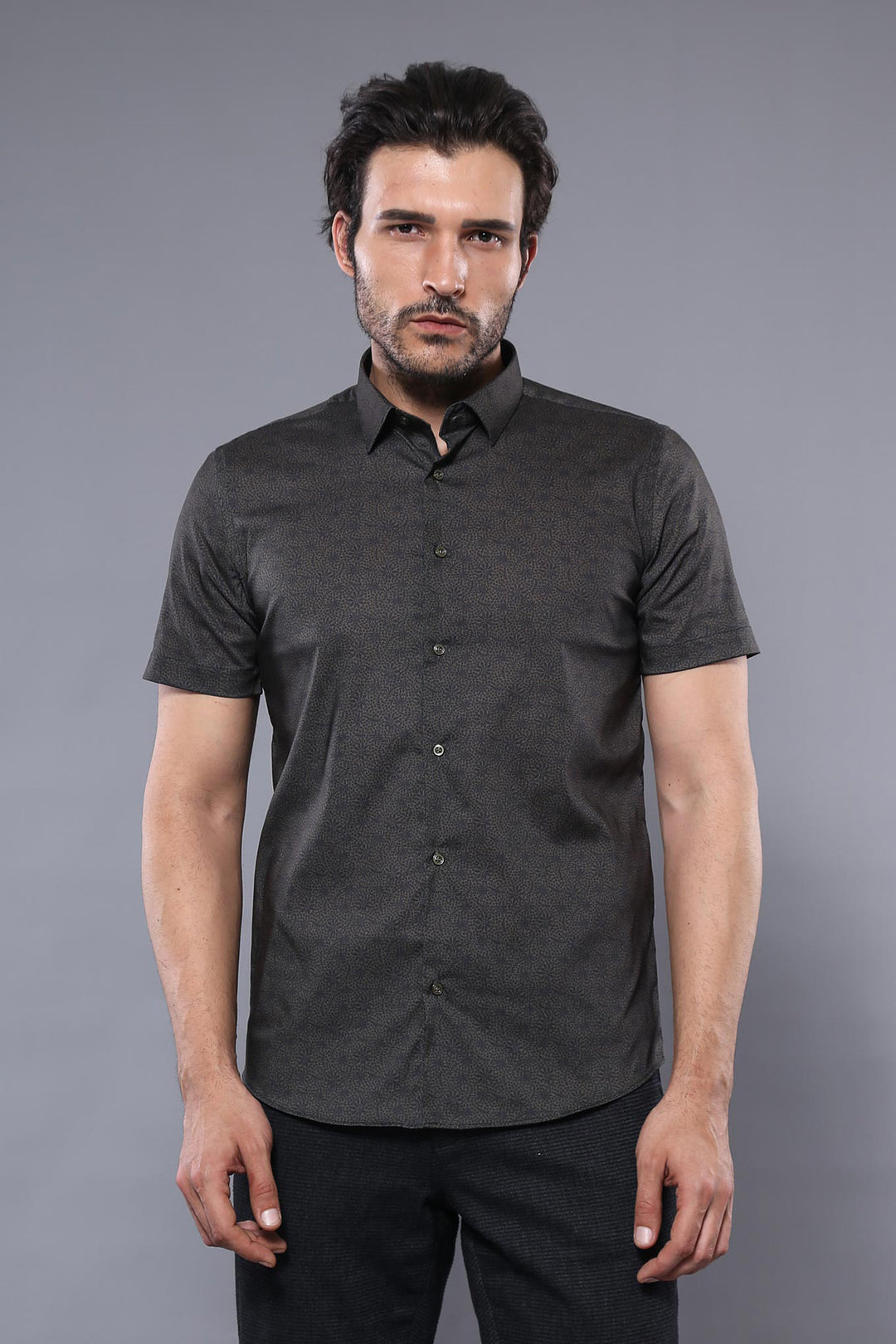 Camicia da uomo kaki a maniche corte fantasia - Wessi
