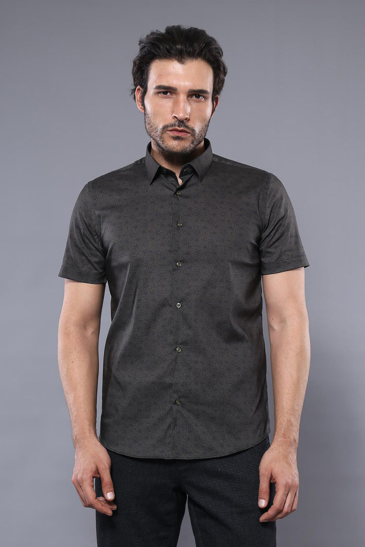 Camicia da uomo kaki a maniche corte fantasia - Wessi