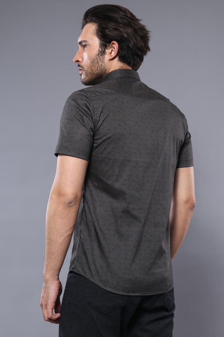Camicia da uomo kaki a maniche corte fantasia - Wessi