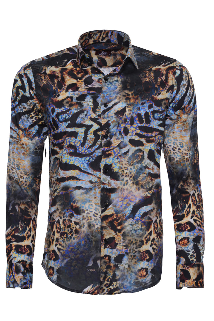 Leopard Pattern Slim Fit Long Sleeves Multicolor Men Shirt - Wessi