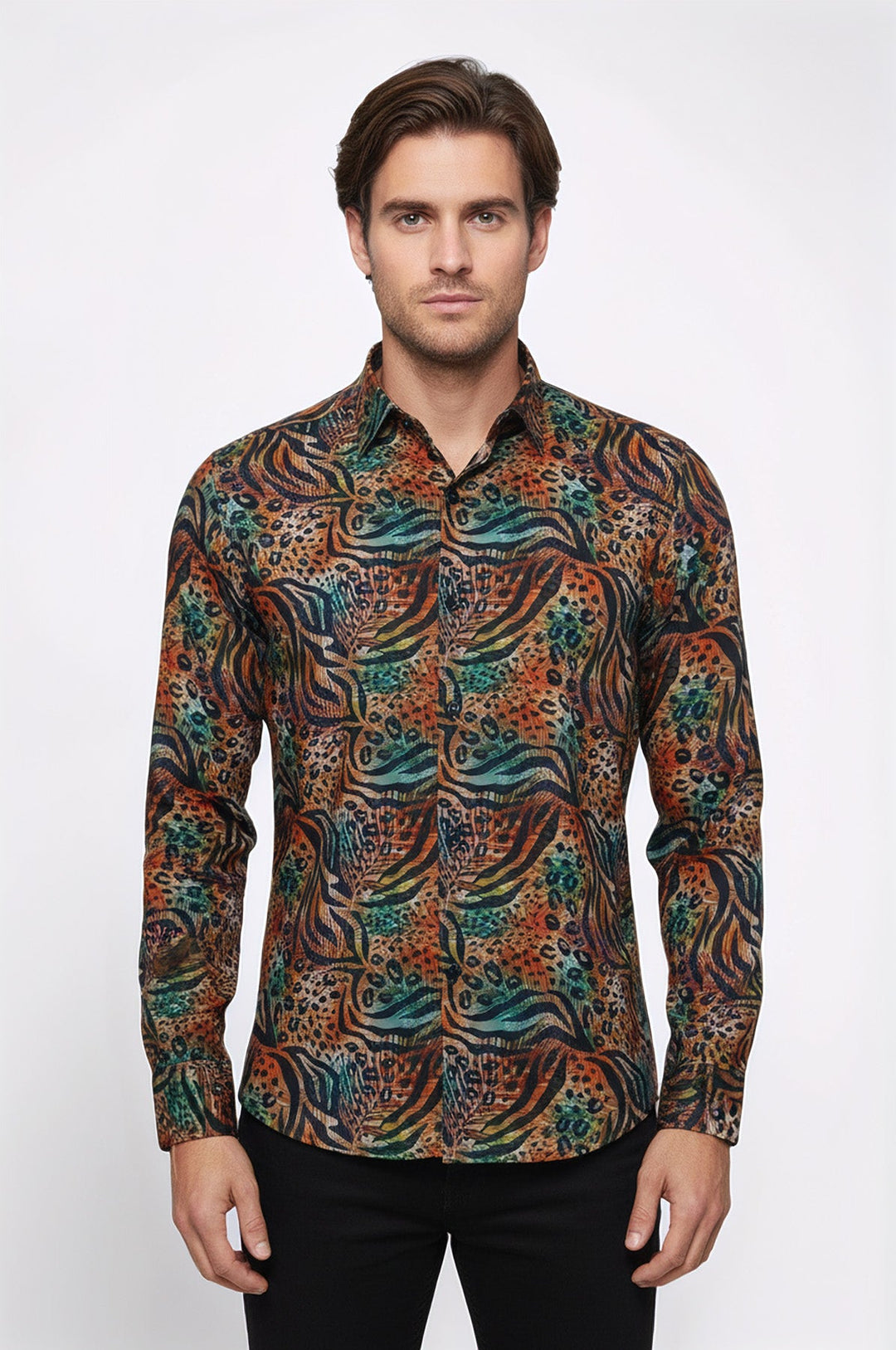 Camicia da uomo multicolore a maniche lunghe con fantasia animalier - Wessi