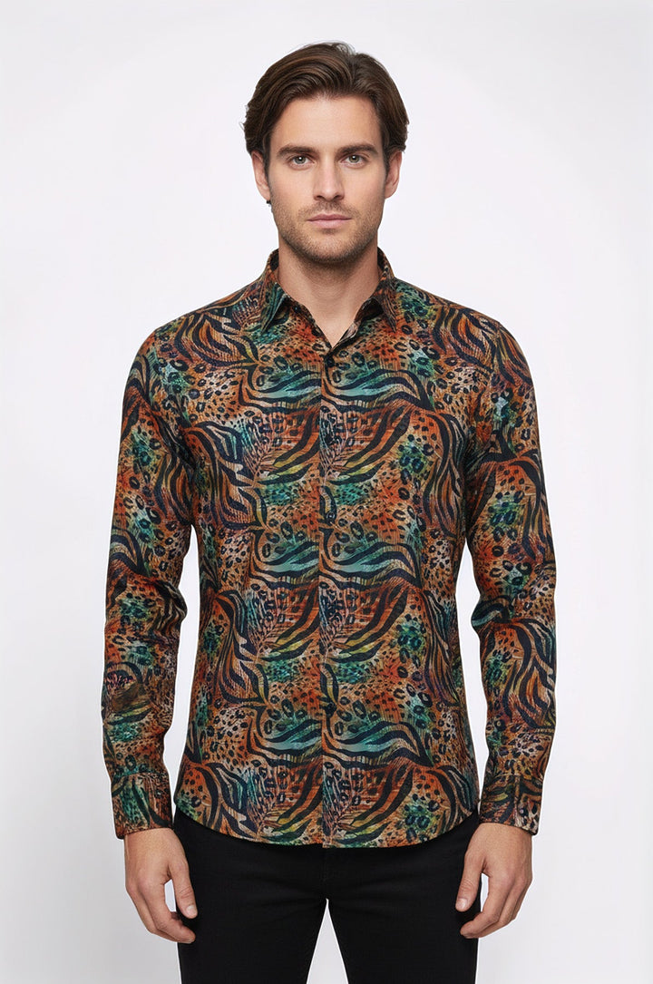 Camicia da uomo multicolore a maniche lunghe con fantasia animalier - Wessi
