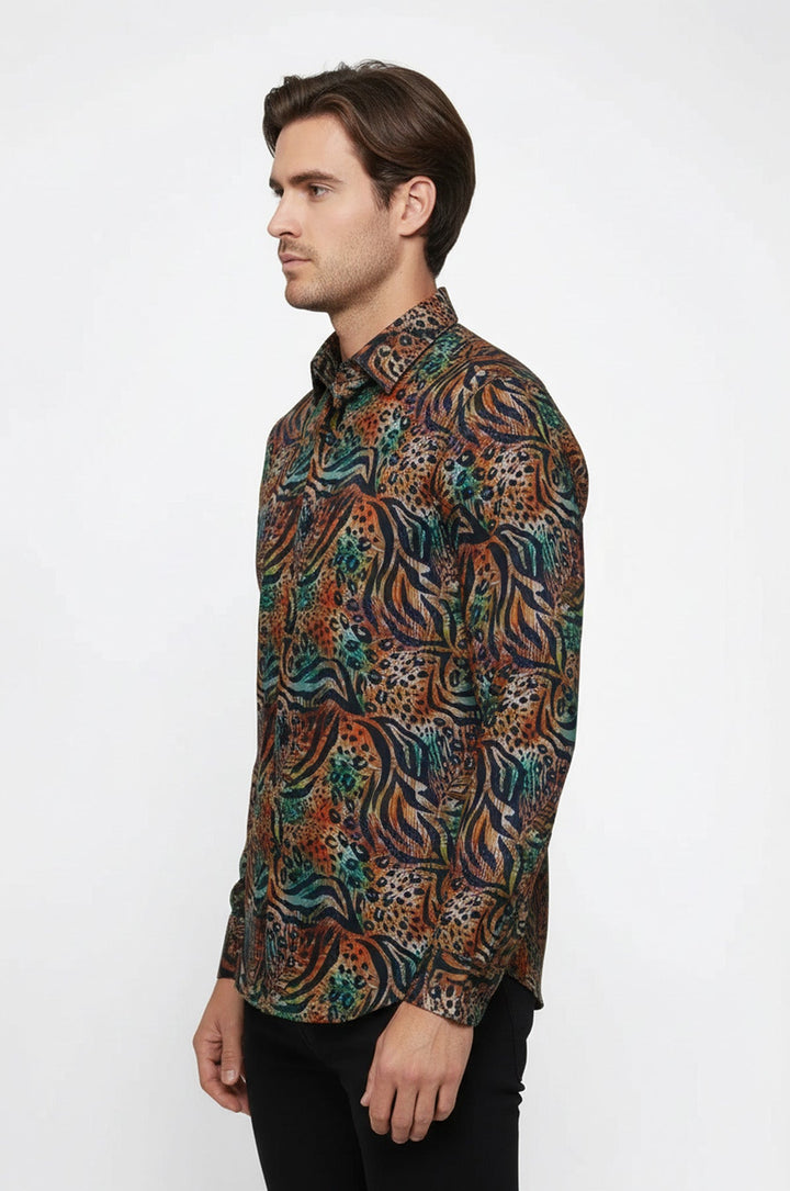 Camicia da uomo multicolore a maniche lunghe con fantasia animalier - Wessi