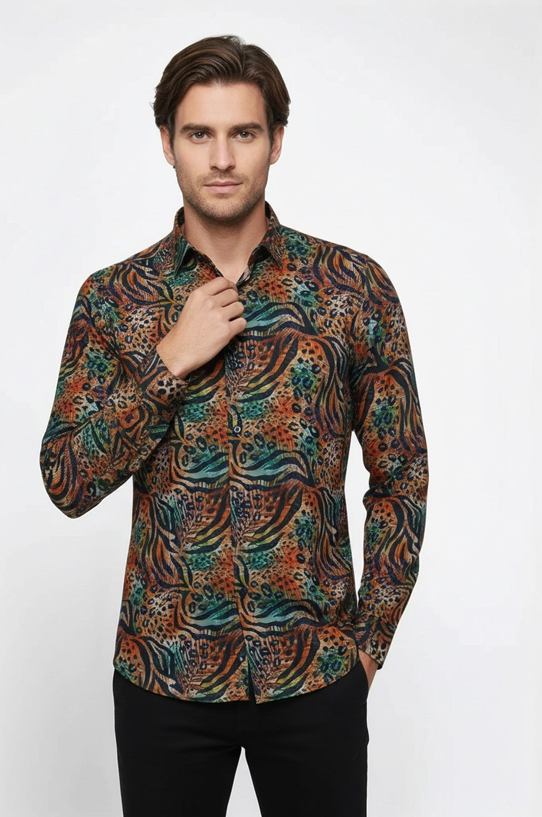 Camicia da uomo multicolore a maniche lunghe con fantasia animalier - Wessi