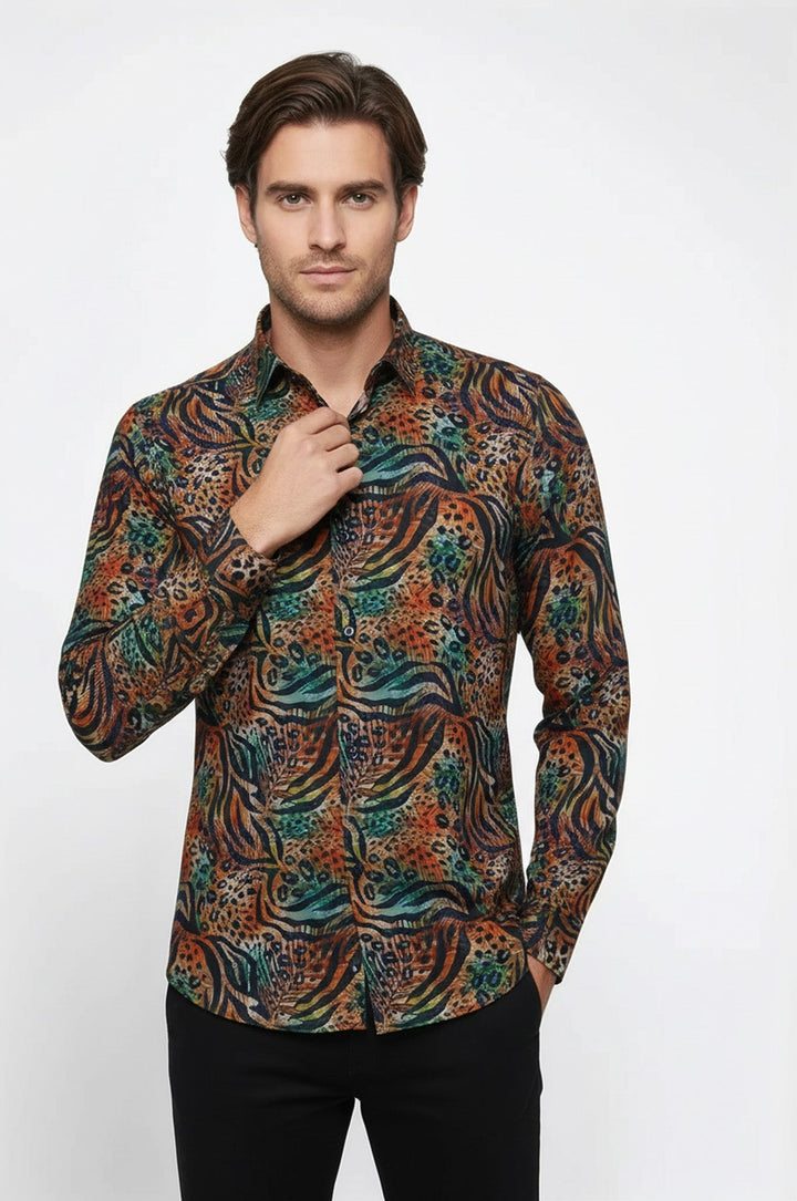 Camicia da uomo multicolore a maniche lunghe con fantasia animalier - Wessi
