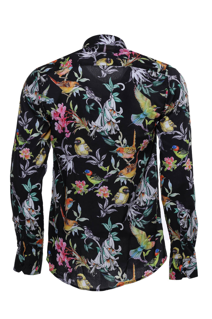 Birds And Flowers Patterned Slim Fit Long Sleeves Black Men Shirt - Wessi