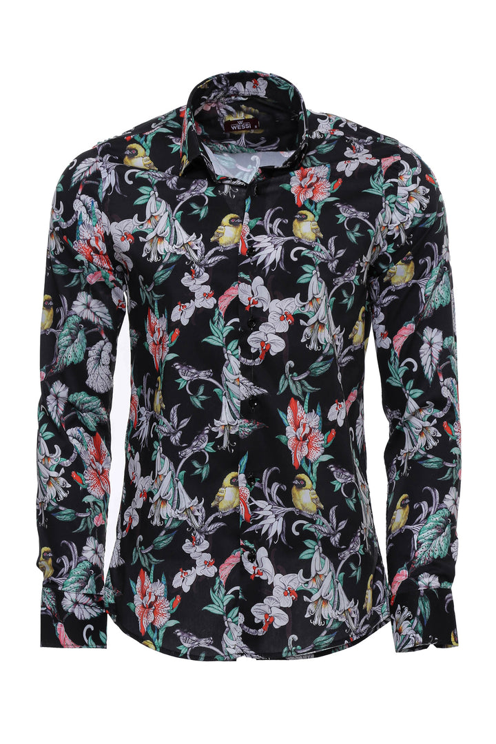 Camisa Hombre Cadena Estampado Hoja Cebra Slim Fit Manga Larga Multicolor - Wessi