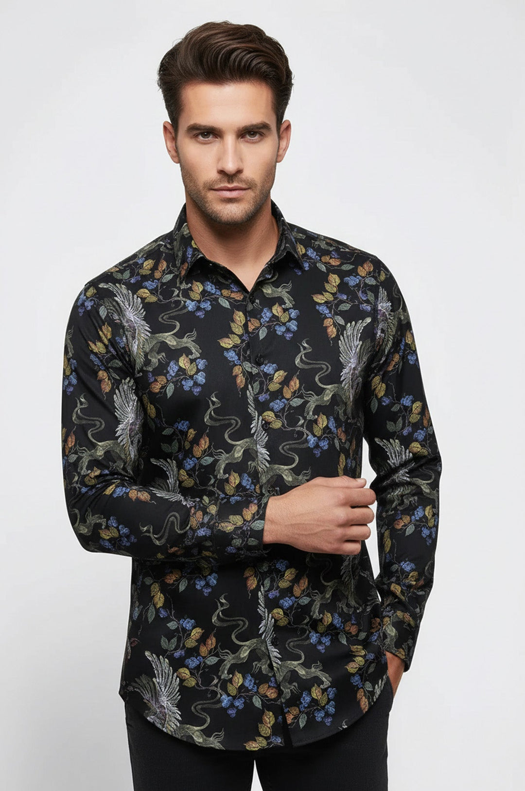 Patterned Slim Fit Long Sleeves Black Men Shirt - Wessi