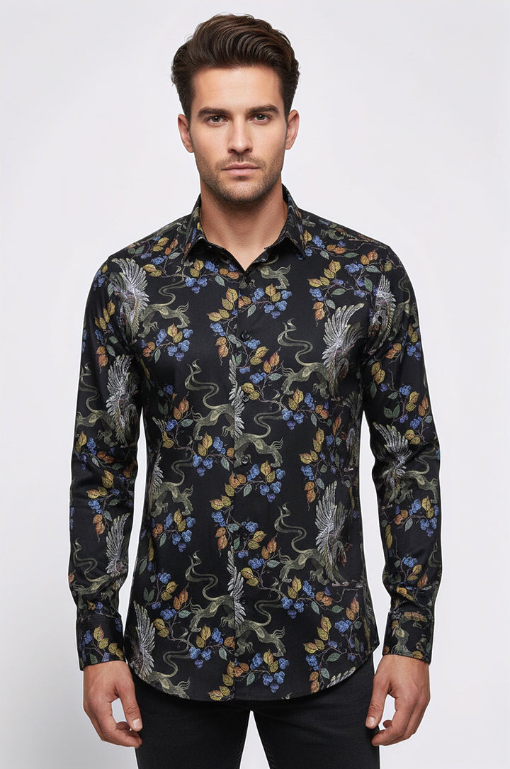 Patterned Slim Fit Long Sleeves Black Men Shirt - Wessi