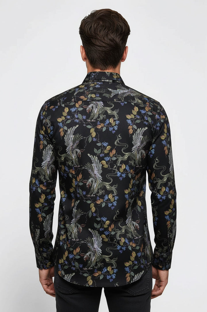 Patterned Slim Fit Long Sleeves Black Men Shirt - Wessi