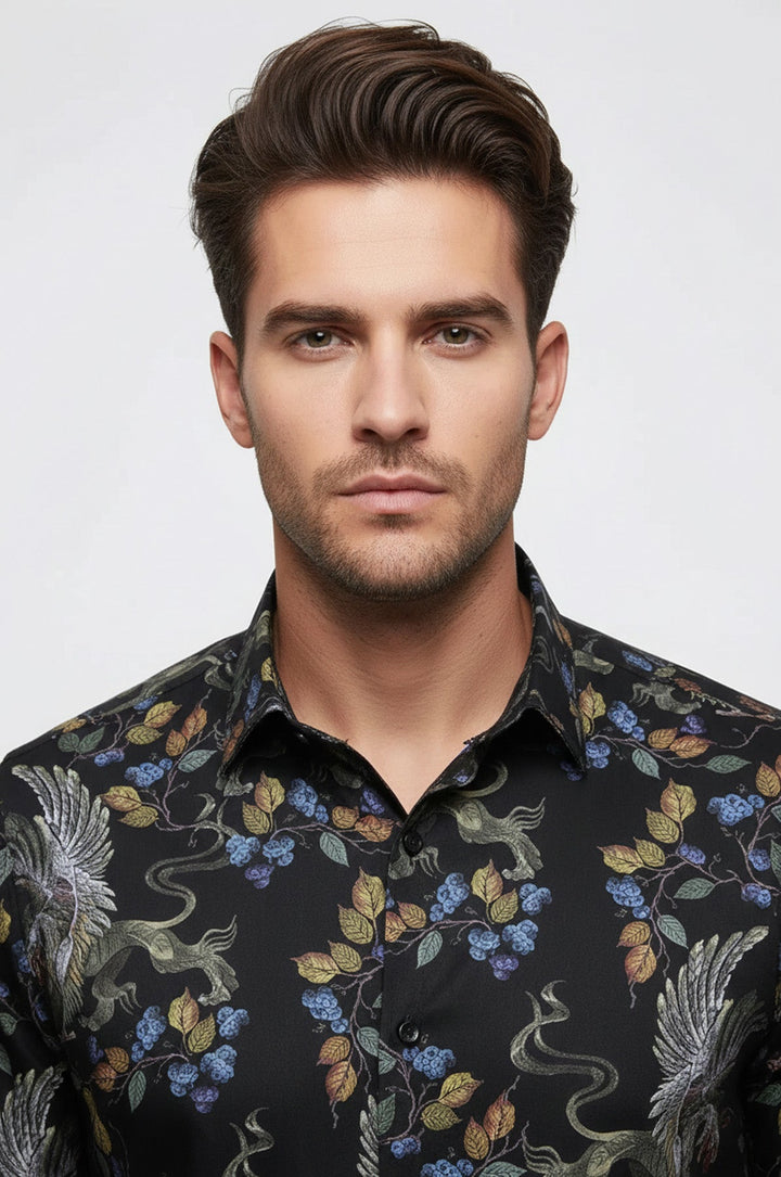 Patterned Slim Fit Long Sleeves Black Men Shirt - Wessi