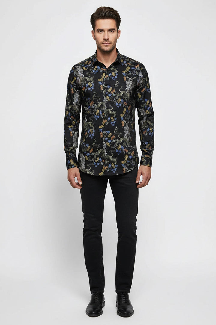 Patterned Slim Fit Long Sleeves Black Men Shirt - Wessi