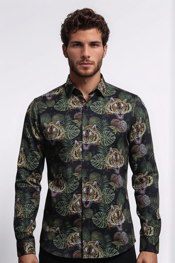 Yellow Black Leaf Patterned Long Sleeves White Men Shirt - Wessi