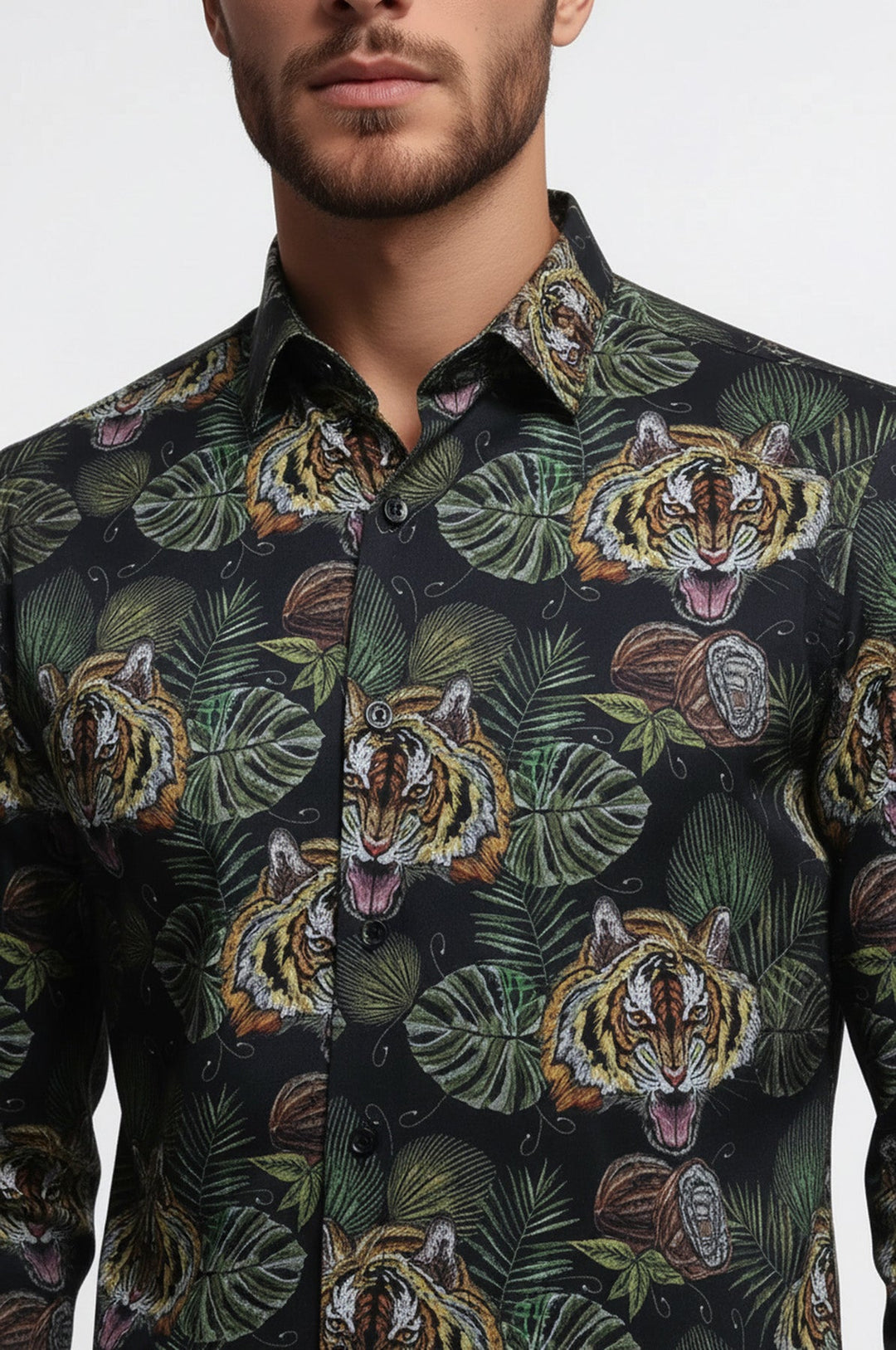 Yellow Black Leaf Patterned Long Sleeves White Men Shirt - Wessi