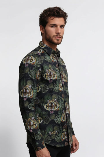 Yellow Black Leaf Patterned Long Sleeves White Men Shirt - Wessi