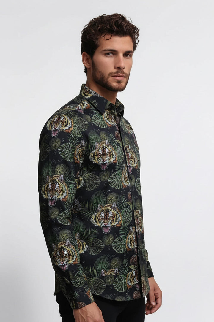 Yellow Black Leaf Patterned Long Sleeves White Men Shirt - Wessi