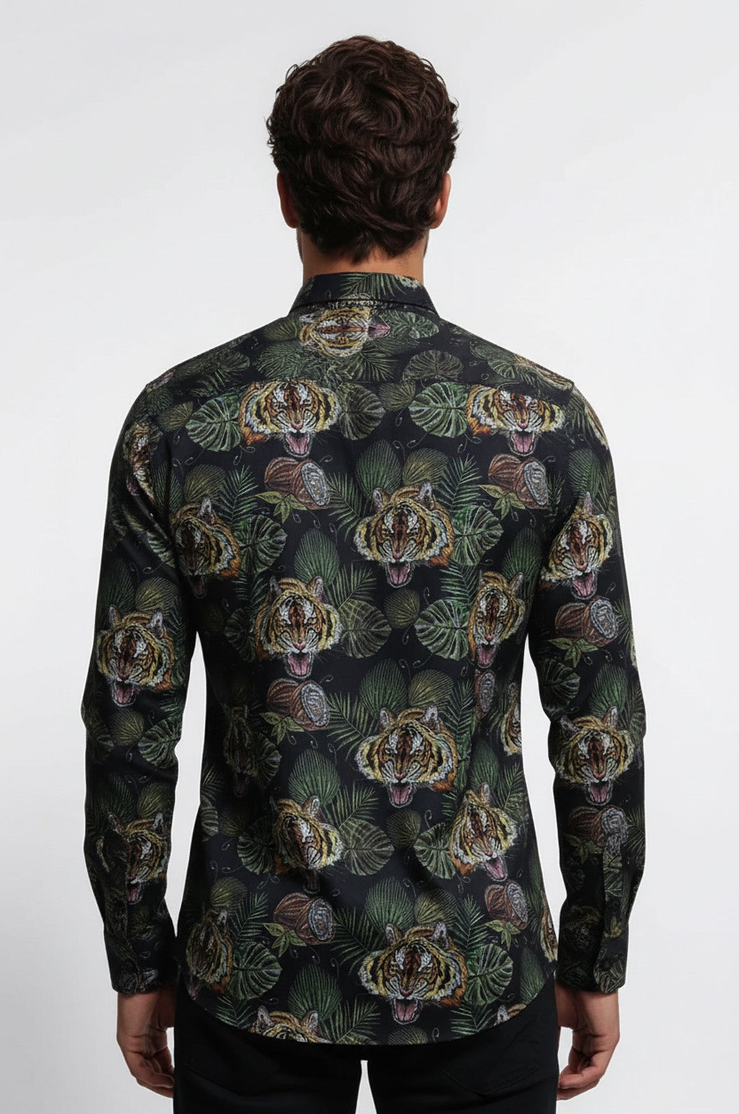 Yellow Black Leaf Patterned Long Sleeves White Men Shirt - Wessi