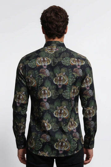 Yellow Black Leaf Patterned Long Sleeves White Men Shirt - Wessi