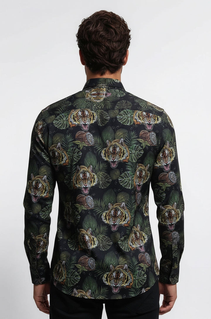 Yellow Black Leaf Patterned Long Sleeves White Men Shirt - Wessi