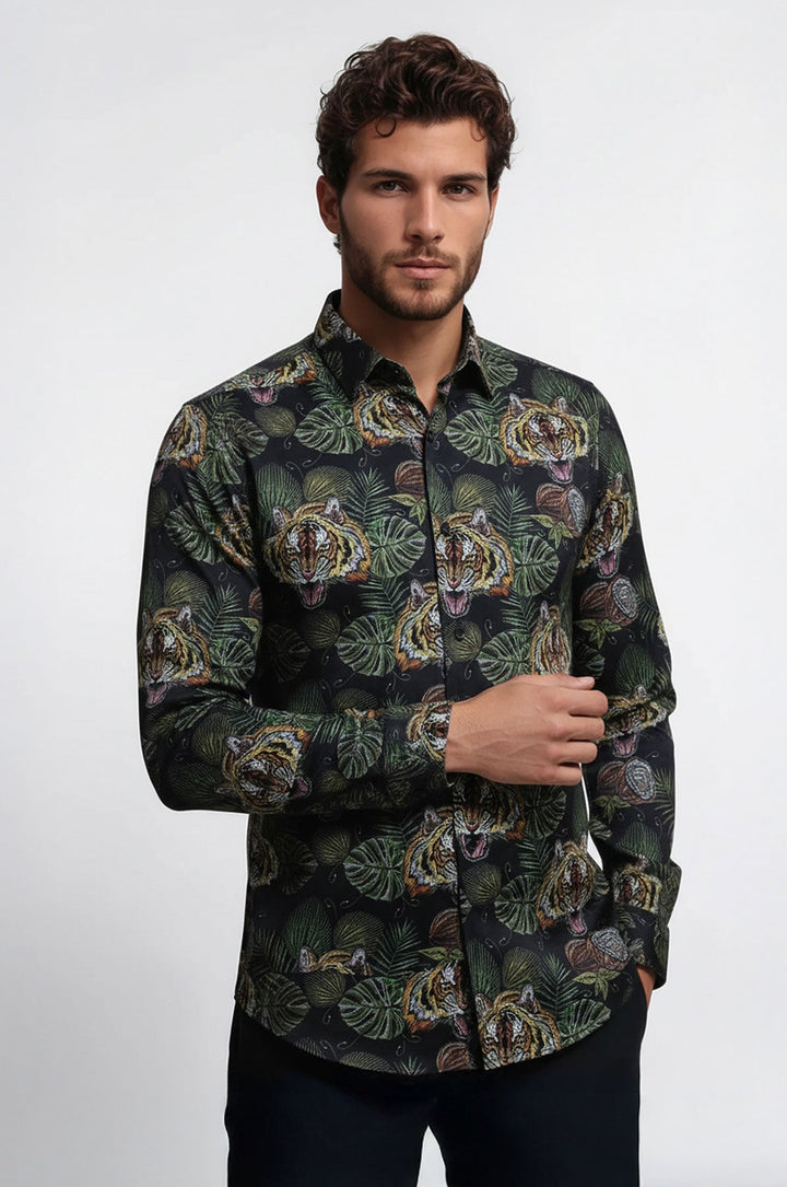 Yellow Black Leaf Patterned Long Sleeves White Men Shirt - Wessi