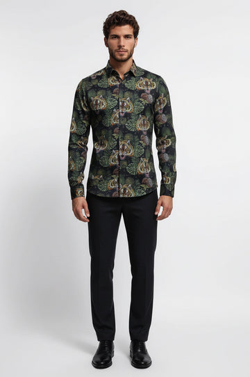 Yellow Black Leaf Patterned Long Sleeves White Men Shirt - Wessi