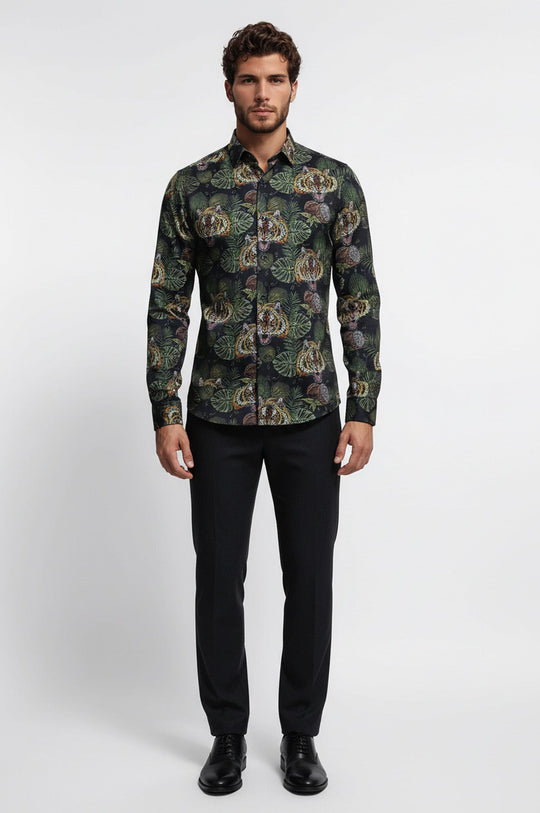 Yellow Black Leaf Patterned Long Sleeves White Men Shirt - Wessi