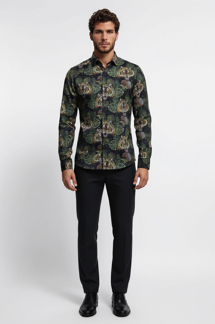 Yellow Black Leaf Patterned Long Sleeves White Men Shirt - Wessi