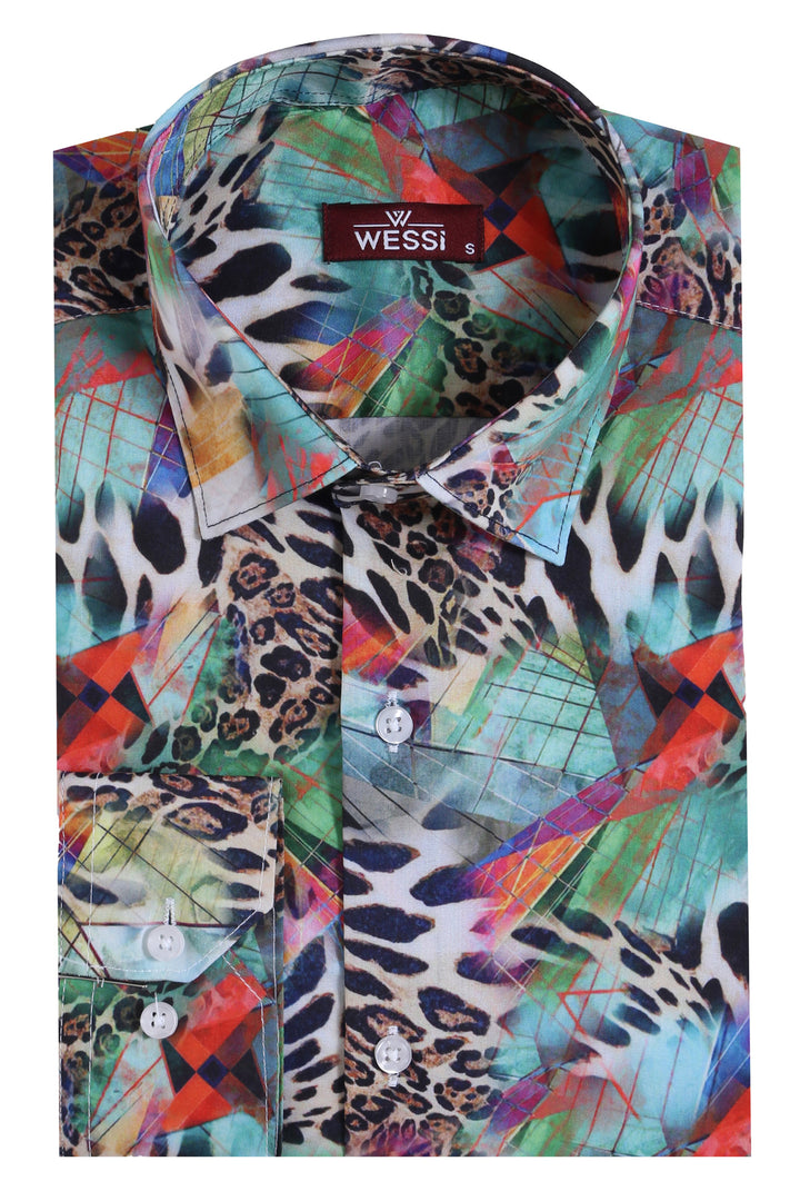 Leopard Pattern Slim Fit Long Sleeves Multicolor Men Shirt - Wessi