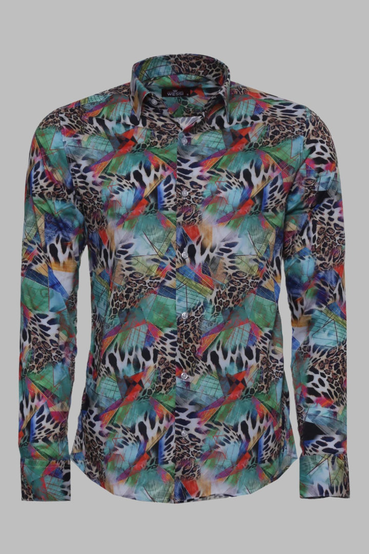 Leopard Pattern Slim Fit Long Sleeves Multicolor Men Shirt - Wessi